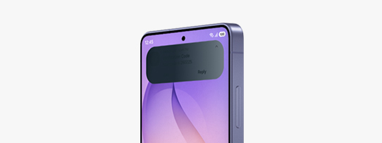 Galaxy S26 Ultra is seen from the screen and at a slight angle. Privacy Display is active so the details of an incoming notification are not visible.
