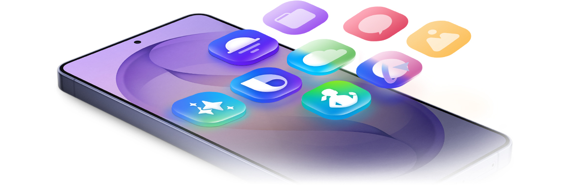 Galaxy S26 Ultra is seen facing up with various apps floating above the Home screen, which can all be easily transferred from a previous device.