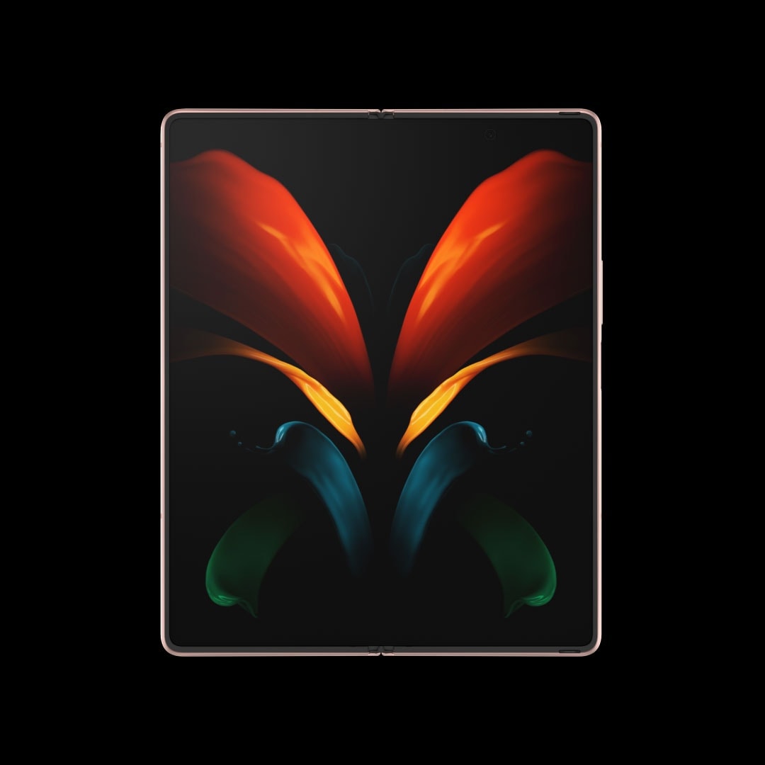 Galaxy Z Fold2 in Mystic Bronze, folded, with the butterfly wallpaper on the Cover Screen. It unfolds to reveal the Main Screen with the same butterfly wallpaper onscreen. It turns and folds slightly, demonstrating an angle for Flex mode, with the same butterfly wallpaper onscreen.