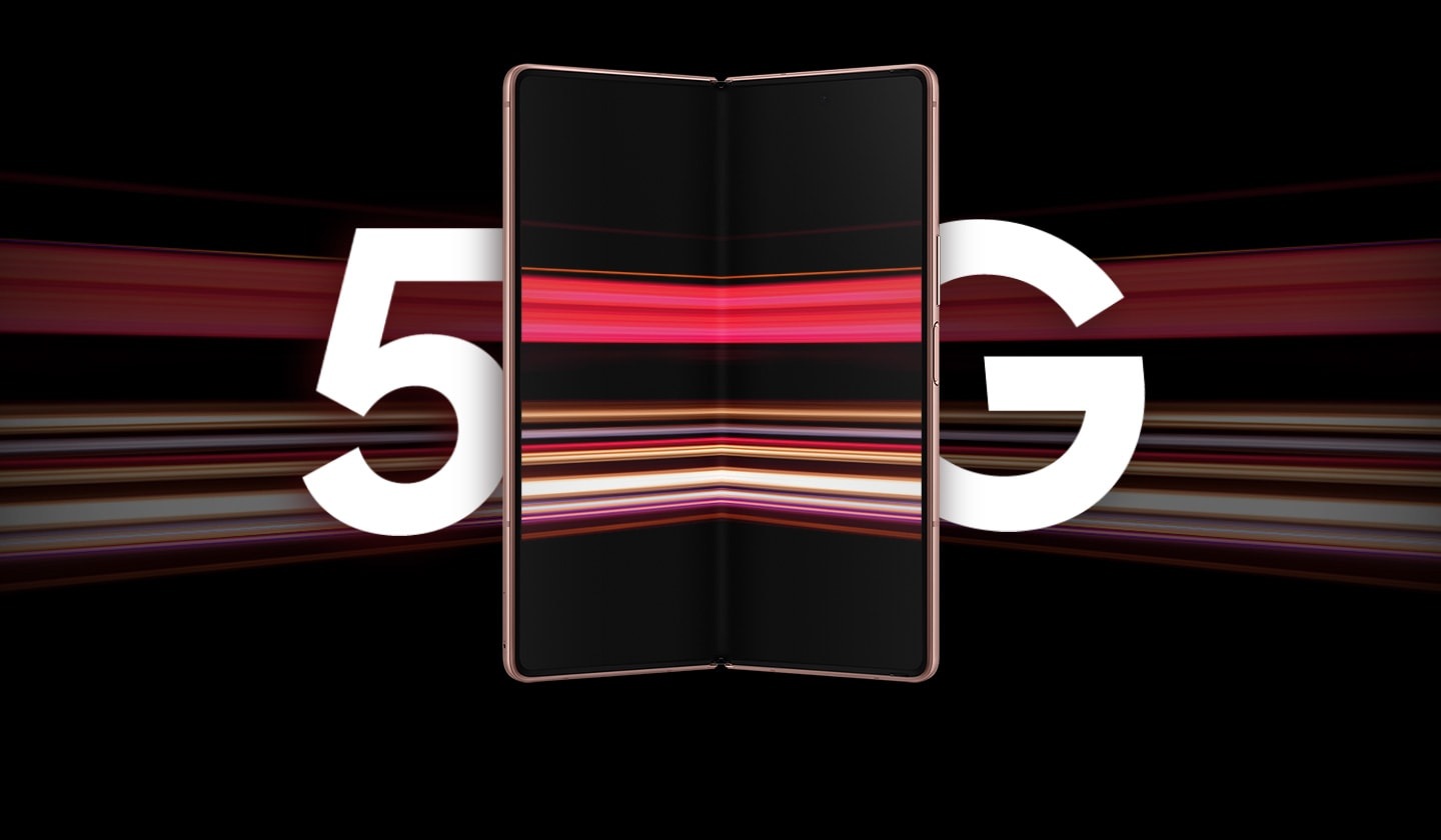 Galaxy Z Fold2 in Mystic Bronze, unfolded and seen from the front. On either side of the phone is 5G, with colorful streaks in the background and across the Main Screen to demonstrate how fast 5G is.