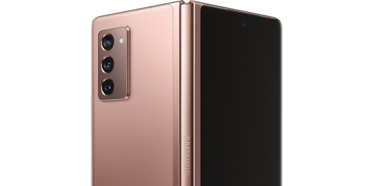 galaxy z Fold2 5G in Mystic Bronze, half unfolded and seen from the rear to show the Hideaway Hinge.