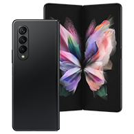 An unfolded front screen of a Phantom Black Galaxy Fold3 with abstract art piece on its screen overlays the rear side.