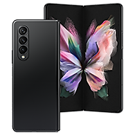 An unfolded front screen of a Phantom Black Galaxy Fold3 with abstract art piece on its screen overlays the rear side.