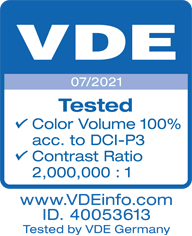 VDE logo. 07/2021 Tested Colour Volume 100% acc. to DCI-PE. Contrast ratio 2,000,000 to 1. www dot VDE info dot com. ID 40053613 Tested by VDE Germany.