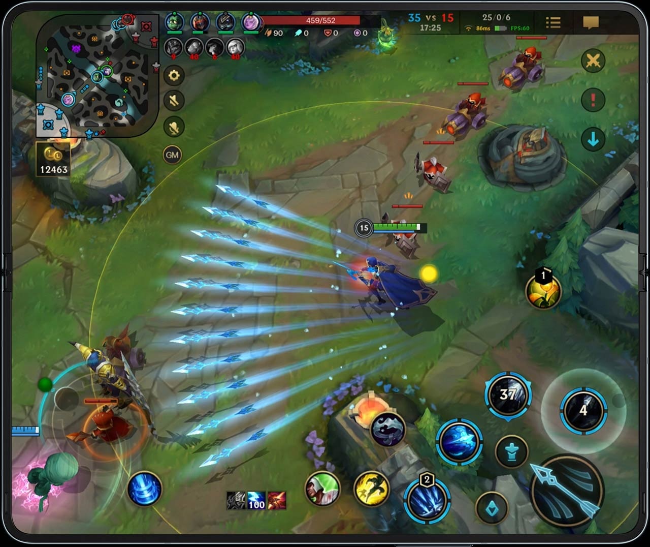 Unfolded Galaxy Z Fold4 with a scene from League of Legends: Wild Rift on the Main Screen. The main character is seen shooting bright blue arrows in multiple directions and the content is smooth.