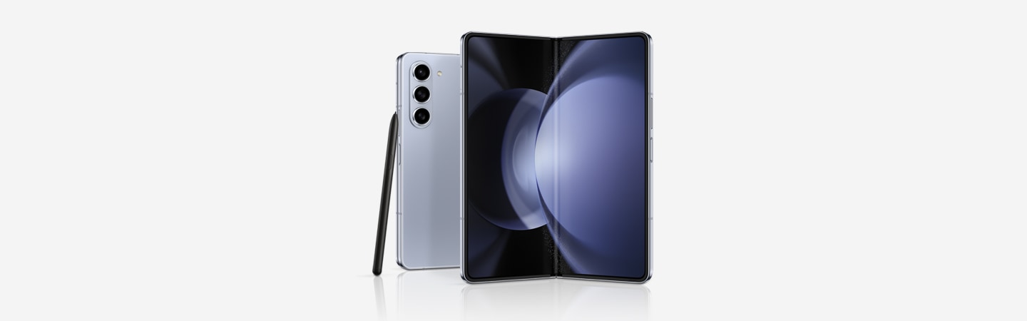 Two Galaxy Z Fold5 devices. One is folded and seen from the rear. The other is open to the Main Screen. S Pen Fold Edition for Galaxy Z Fold5 leans on the side of the closed device.