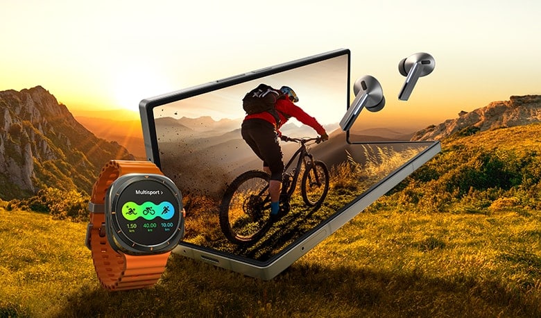 A cyclist is shown riding in nature. Against the mountainous background, one of each three device is shown: a Galaxy Watch, a Galaxy Z Fold6 and Buds3 Pro.