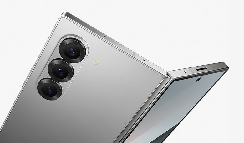 Galaxy Z Fold6 is slightly unfolded and seen from a slanted angle.