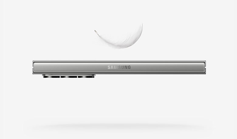 The side view of one surface of the Galaxy Z Fold6 in Silver Shadow is shown. Over it, is a white feather.