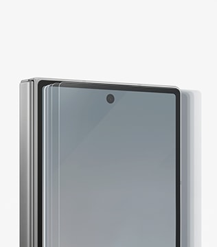 A close-up of a Galaxy Z Fold6 Main Screen with a protective sheet of glass hovering over the top.