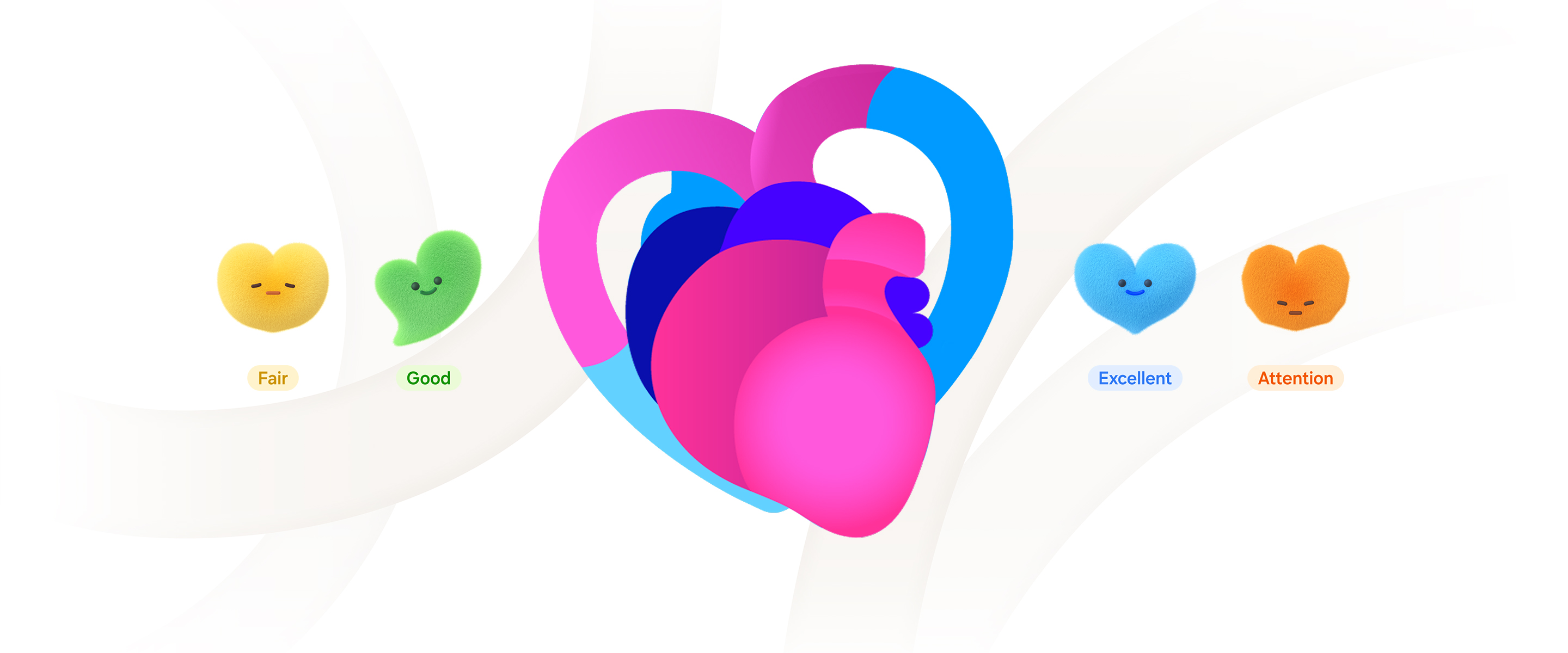 An illustrated heart, signifying the heart health-related features on Galaxy Watch Ultra2, with heart icons representing different heart health scores around it.