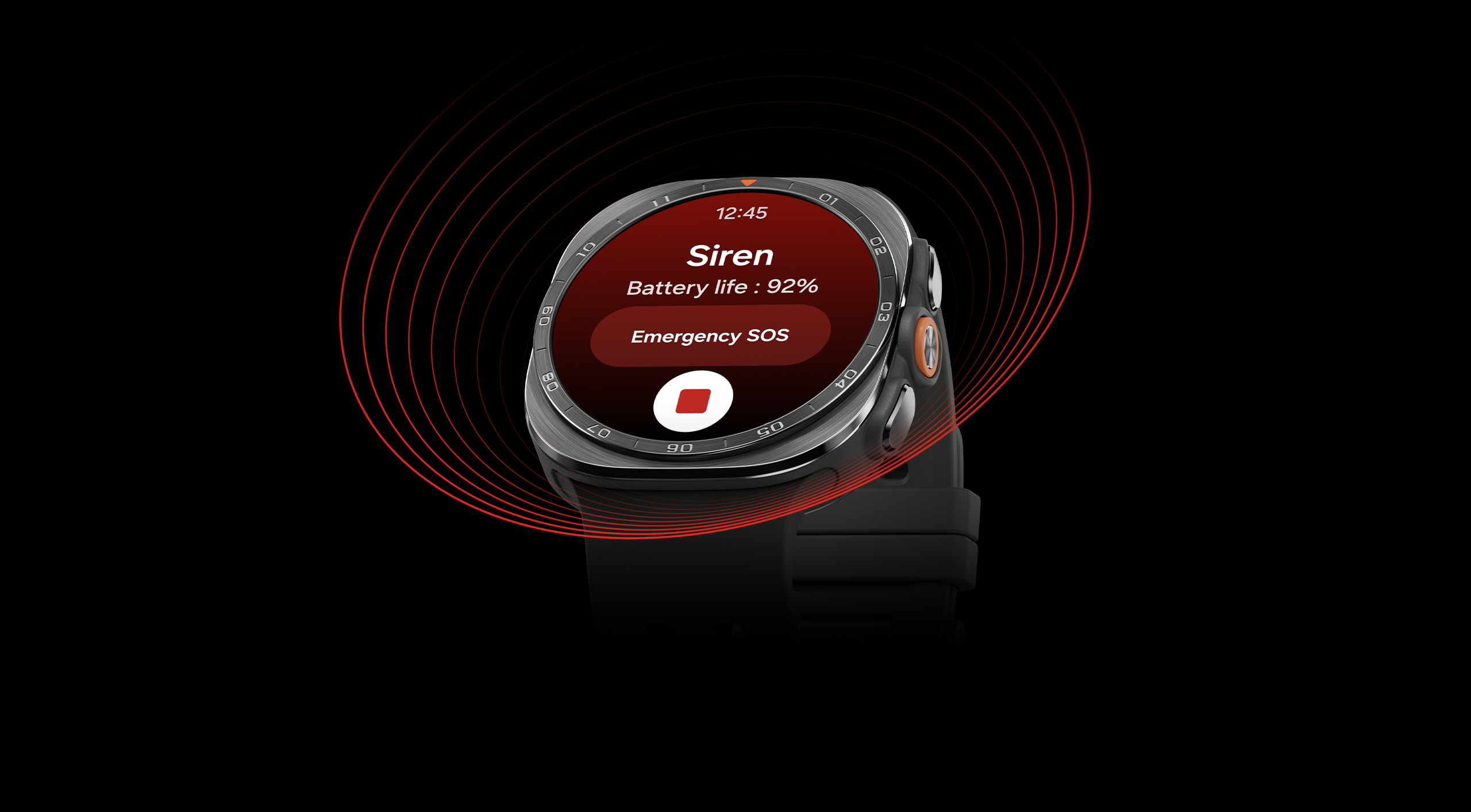Galaxy Watch Ultra2 in Titanium Silver with a Marine Band in Olive shown with Siren feature on the display including the text Siren, Battery life 92 percent, Emergency SOS and the Deactivate button. Circular sound waves spreading out from the watch to indicate the siren.