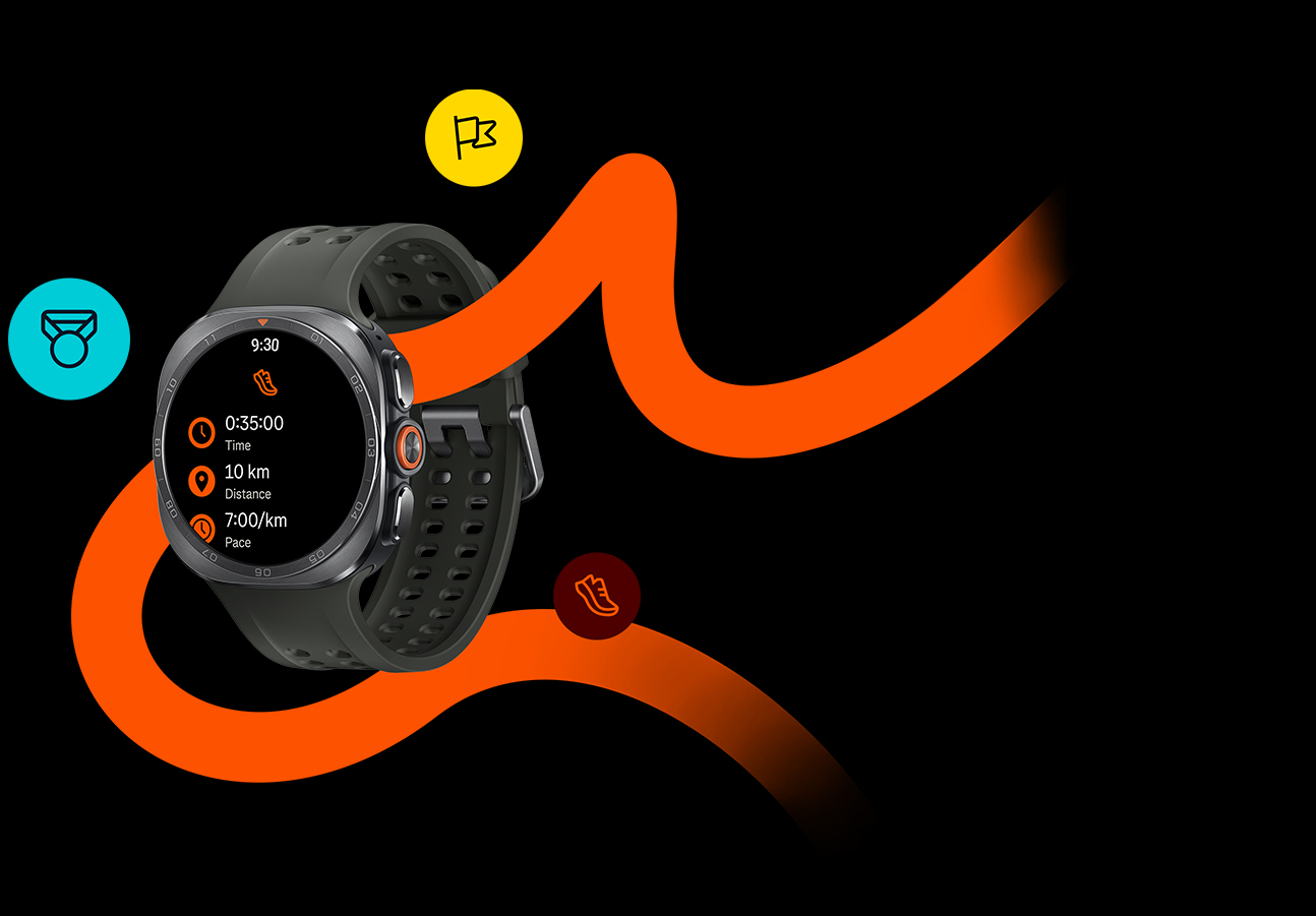 Galaxy Watch Ultra2 in Titanium Silver with a Marine Band in Olive. Strava is open showing the current time, distance and pace for a run. Different Strava icons representing its features are shown around the watch.