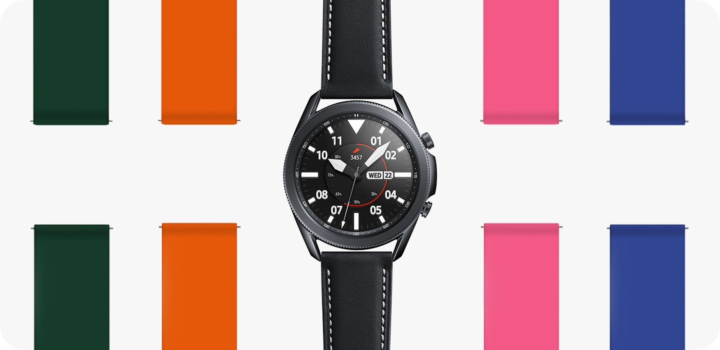 45mm Galaxy Watch3 in Mystic Black with a Sporty Classic Watch Face. Brown Leather and Black Sport straps are on its left, and Silver Sport and Black Leather straps on its right to show how you can mix and match.