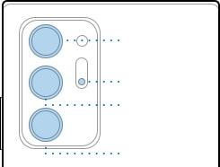Illustration of Galaxy Note20 Ultra seen from the rear showing the locations of the Rear Camera and the Ultra Wide, Wide-angle, and Telephoto Cameras and the Laser AF Sensor.