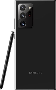 Galaxy Note20 Ultra in Mystic Black seen from the rear. The matching S Pen is leaning against the side.