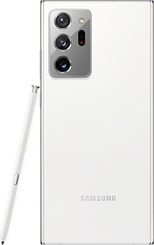 Galaxy Note20 Ultra in Mystic White seen from the rear. The matching S Pen is leaning against the side.