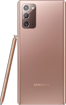 Galaxy Note20 in Mystic Bronze seen from the rear. The matching S Pen is leaning against the side.