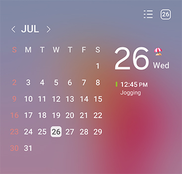 Calendar widget shows a monthly preview and events scheduled for today.