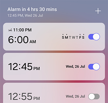 Alarm widget shows a list of alarm presets with on and off toggles.