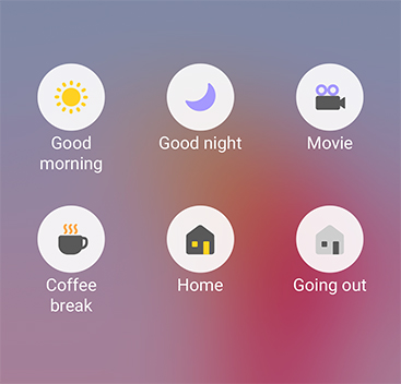 SmartThings routines widget shows preset scenes for home automation.