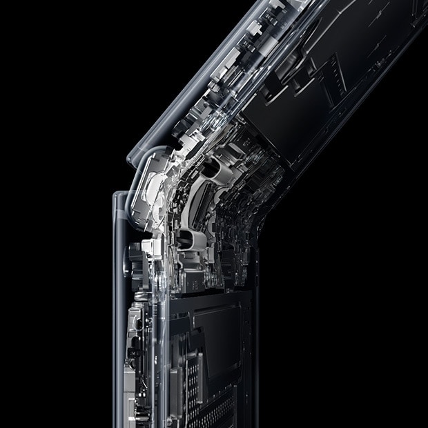 The inner mechanical components of Galaxy Z Fold5, centered around the Flex Hinge.