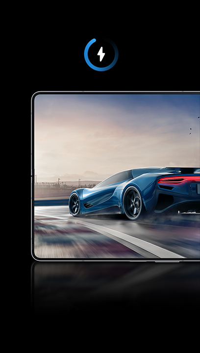 Gameplay of a racecar speeding down a wet road shown on the Main Screen of Galaxy Z Fold5.