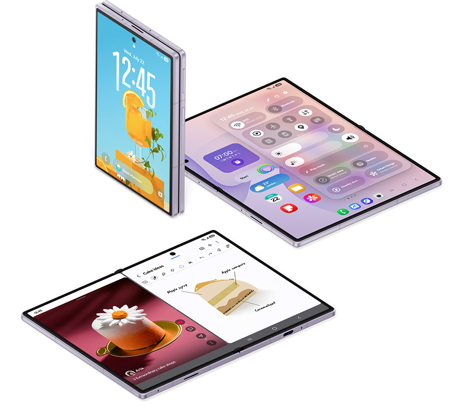 Three Galaxy Z Fold8 devices are arranged. One is folded with a photo and a Clock Widget on the cover screen. Another is unfolded showing the home screen with the Quick Panel active. Last, an unfolded device with two different apps active in a split view on the main screen.