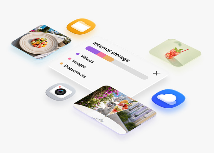 Internal storage information is seen showing how much storage has been taken up by videos, images and documents. Various apps and photos are seen to show you can store various types of content on Galaxy Z Fold8.