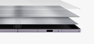 Unfolded Galaxy Z Fold8 is seen in a bottom view. Two titanium layers are seen between the device and the screen.