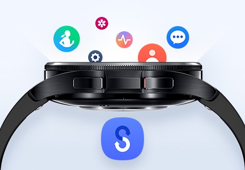 Se puede ver la vista lateral del Galaxy Watch6 Classic mirando hacia arriba, con diferentes iconos de aplicaciones que caen en la pantalla para indicar la transferencia de datos. Debajo del reloj se encuentra el icono de la aplicación Smart Switch.
