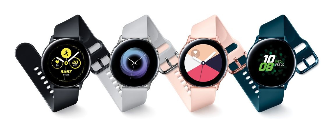 HÃ¬nh áº£nh Ä‘á»“ng há»“ Galaxy Watch Active vá»›i bá»‘n mÃ u: Galaxy Watch Active Äen, Galaxy Watch Active XÃ¡m Nháº¡t, Galaxy Watch Active Há»“ng Beige