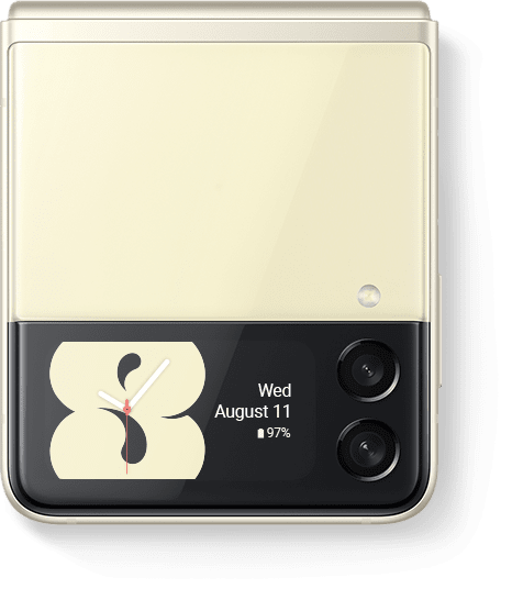 Màn hình ngoài trên Galaxy Z Flip3 5G gập lại hiển thị đồng hồ, ngày tháng và lượng pin