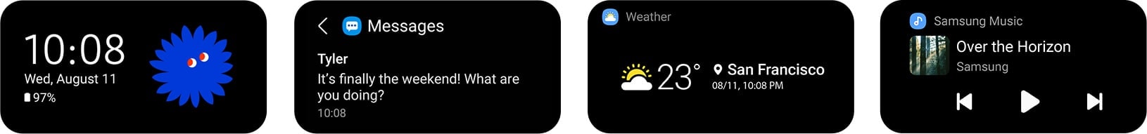 Màn hình ngoài trên Galaxy Z Flip3 5G với Các tùy chọn hiển thị gồm thông báo Tin nhắn từ Tyler, điều khiển Thời tiết và Samsung Music.