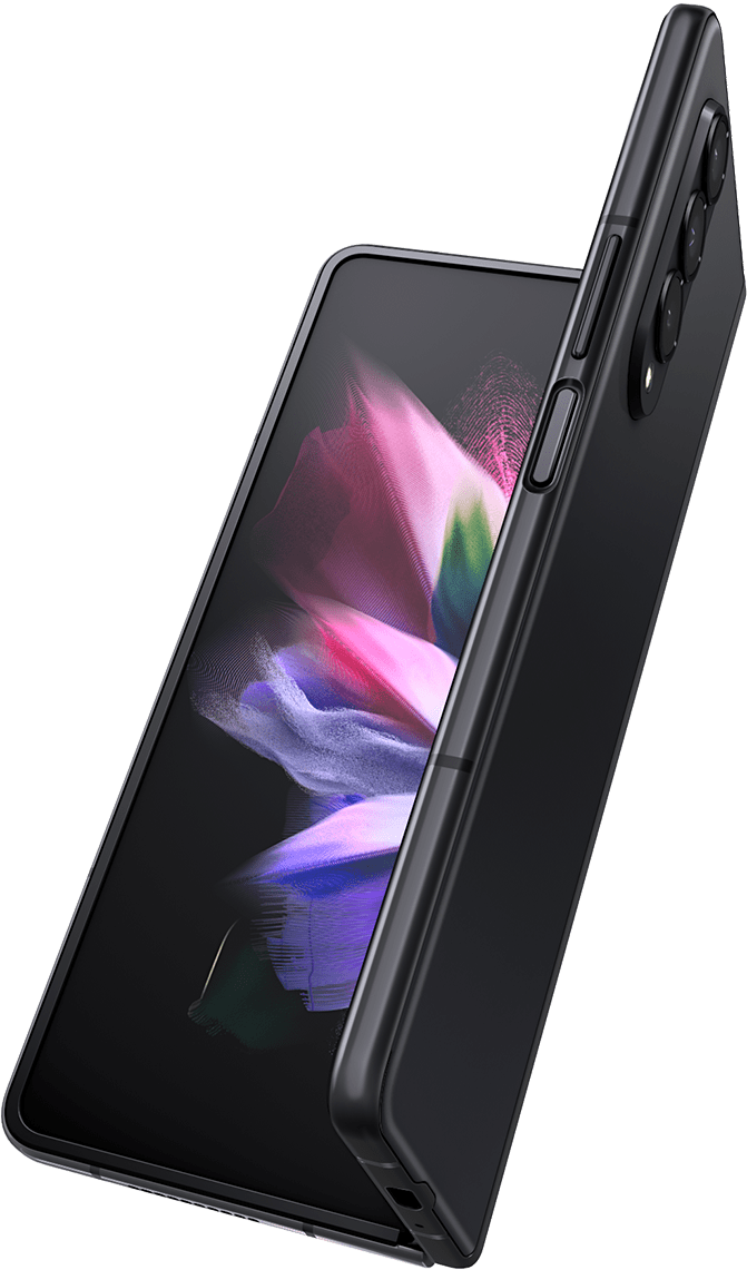Điện thoại Samsung Galaxy Z Fold 3 5G mở nhẹ thành một góc chữ V. Hình nền đầy màu sắc được nhìn thấy trên Màn hình chính
