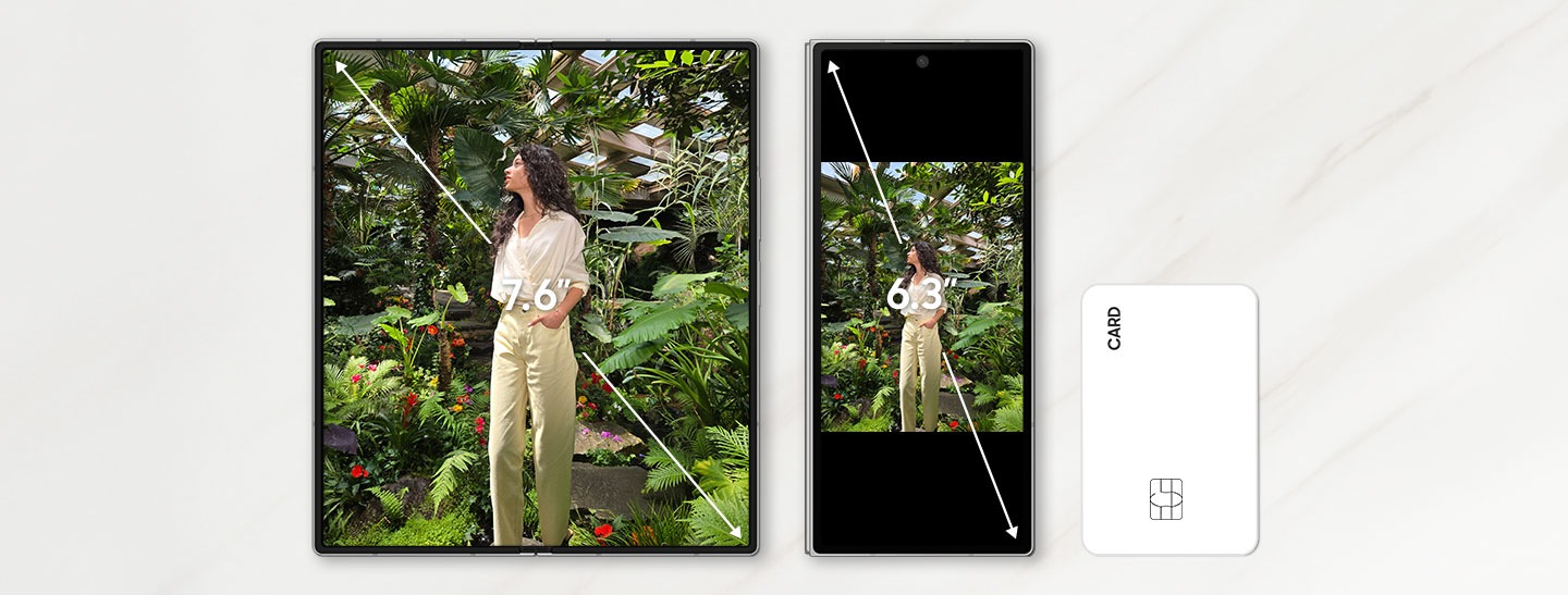 วัดตามเส้นทแยงมุม ขนาดหน้าจอหลักของ Galaxy Z Fold 6 คือ 19.3 ซม. หรือ 7.6 นิ้ว ตามรูปสี่เหลี่ยมผืนผ้าเต็ม และ 18.8 ซม. หรือ 7.4 นิ้ว เมื่อรวมมุมโค้งมน ขนาดหน้าจอย่อยคือ 16 ซม. หรือ 6.3 นิ้ว ตามรูปสี่เหลี่ยมผืนผ้าเต็ม