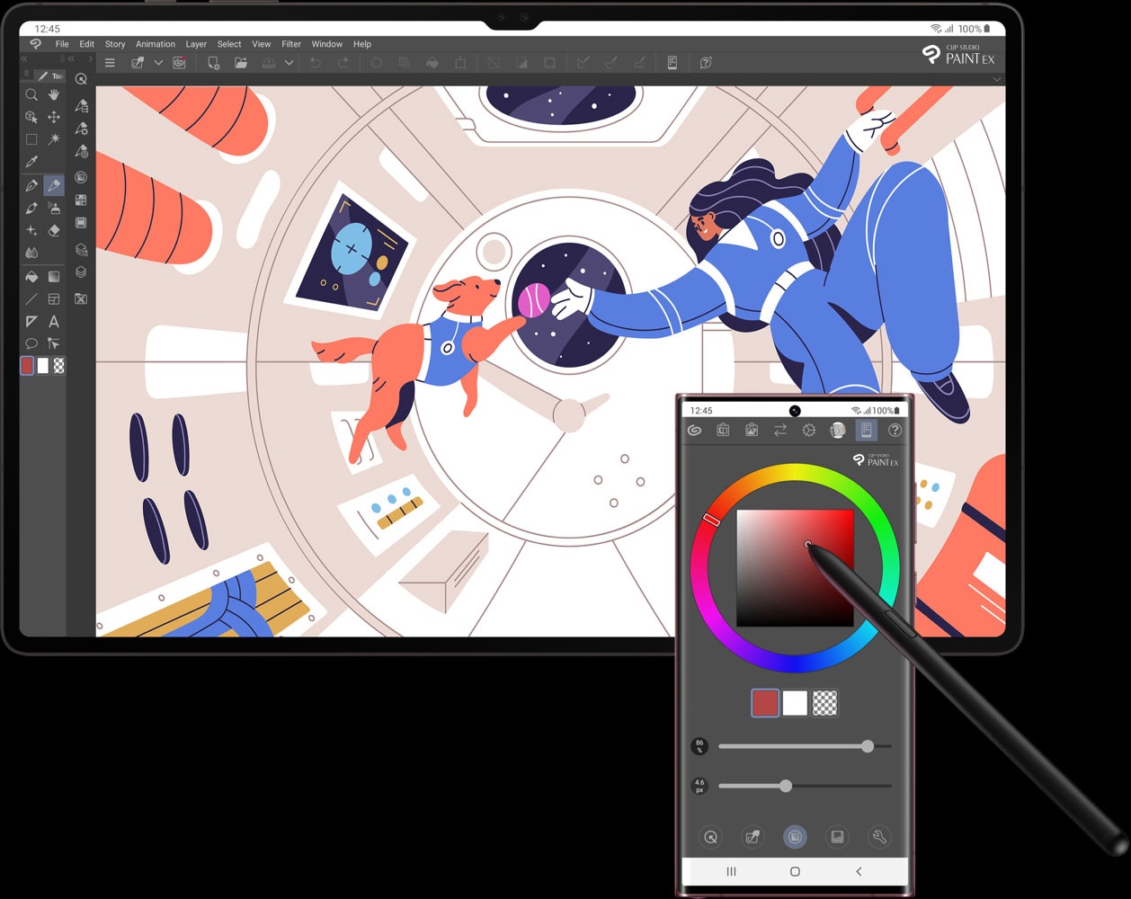 A drawing of a woman and a dog inside of a spaceship on Clip Studio Paint. S Pen chooses colors on Galaxy S22 Ultra using it as a palette.