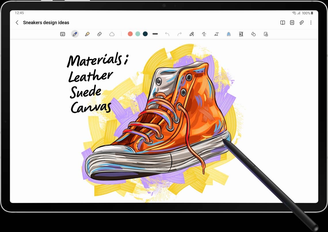A shoe design with "Materials", "Suede", "Leather", and "Canvas" written on the top left with S Pen on Samsung Notes.