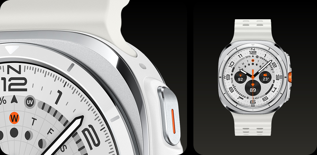 Galaxy Watch Ultra in Titanium White. A close-up, partial view of Galaxy Watch Ultra and a full front view of Galaxy Watch Ultra.