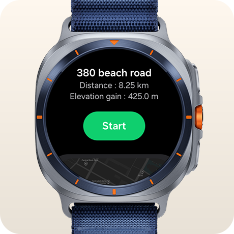 A Galaxy Watch Ultra displaying the Route feature screen with the destination, distance elevation gains and a 'Start' button shown.