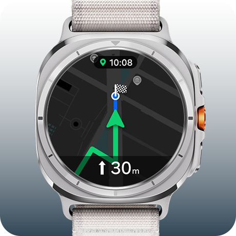 A Galaxy Watch Ultra displaying navigation on a map with an arrow heading in the guided direction and turn guidance.