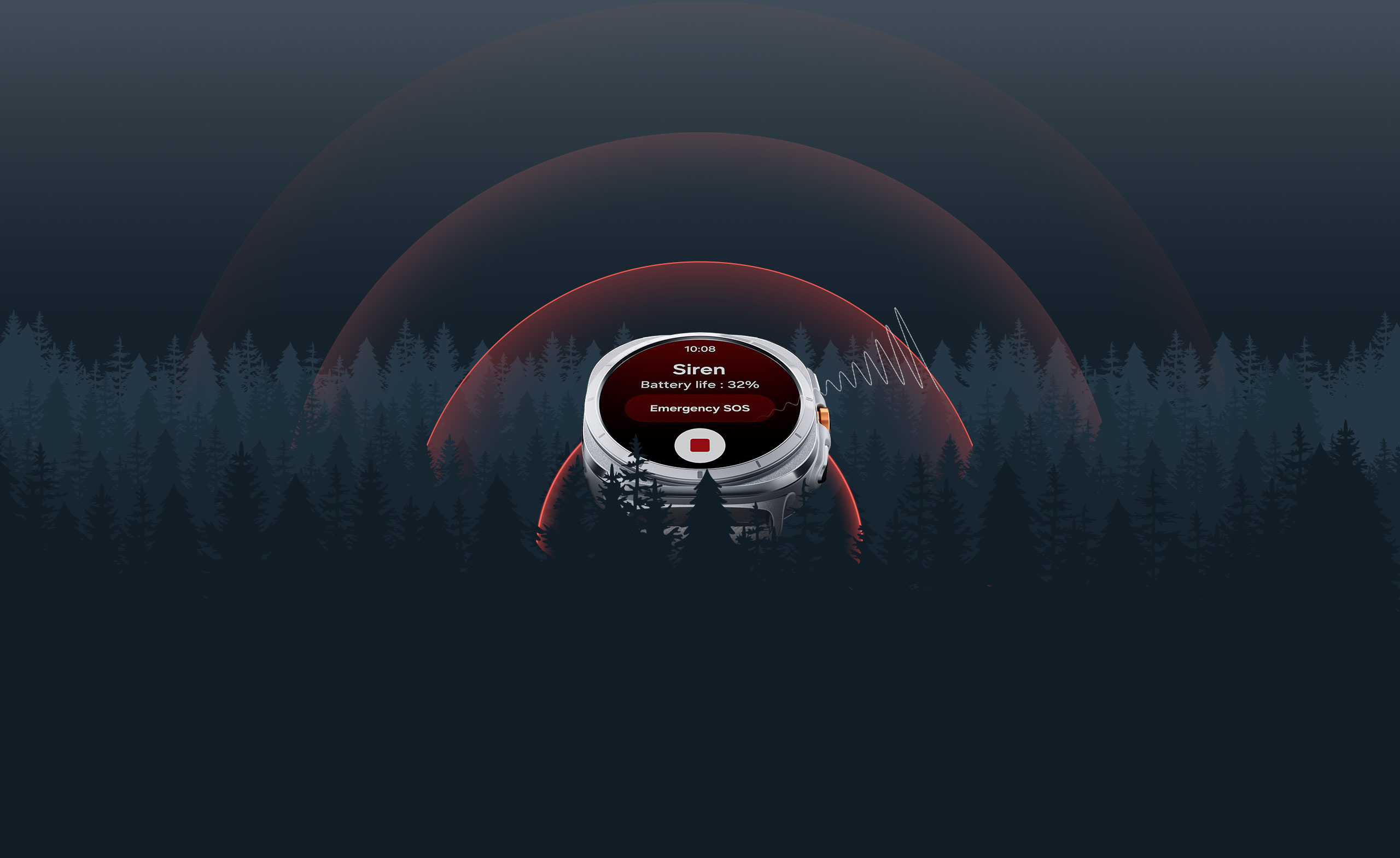 A Galaxy Watch Ultra is displaying a Siren screen with the text 'Emergency SOS' and a button to stop. Quick Button is shown on the side of the watch. A wave representing the sound is spreading out from the watch through the forest.