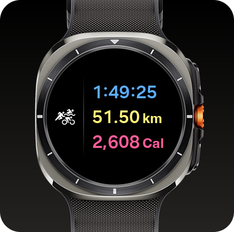 A Galaxy Watch Ultra displaying a workout results screen for triathlon with the duration, distance and calories burned.