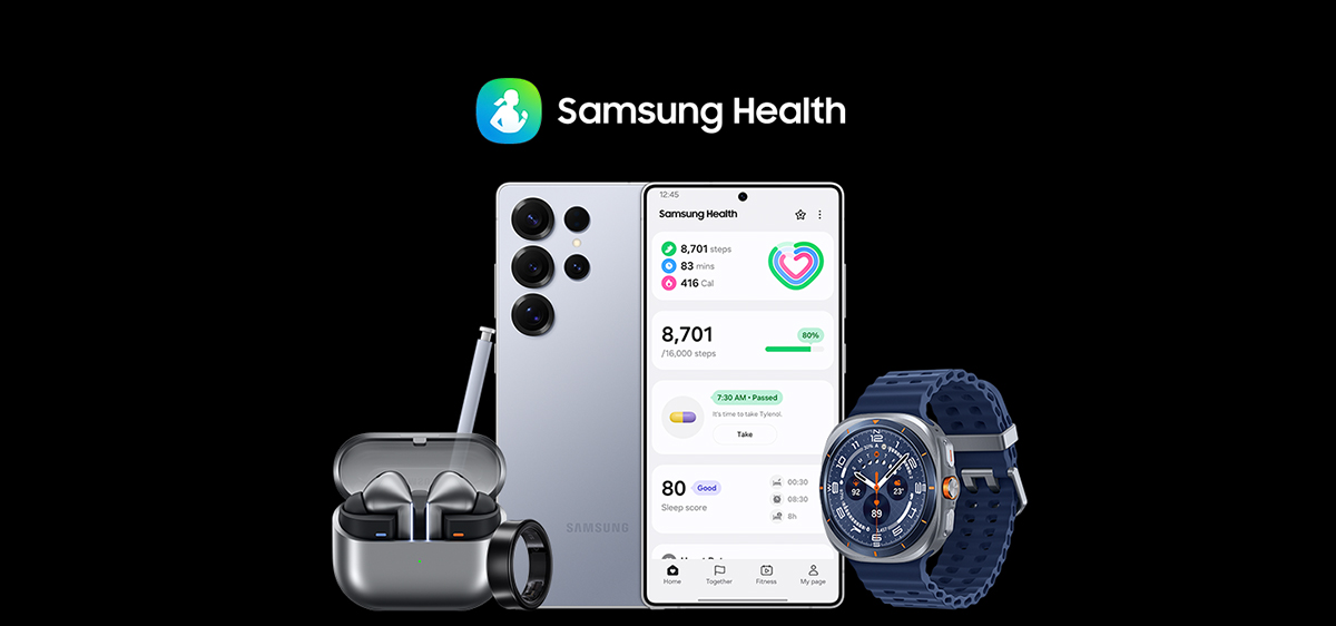 Galaxy Buds3 Pro, Galaxy Ring, Galaxy S25 Ultra in rear view with S Pen on its side, Galaxy S25 Ultra in front view with Samsung Health onscreen and Galaxy Watch Ultra. Above is Samsung Health icon and text Samsung Health.