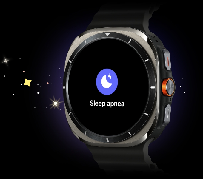 A Galaxy Watch Ultra is seen with a text 'Sleep apnea' and its icon.