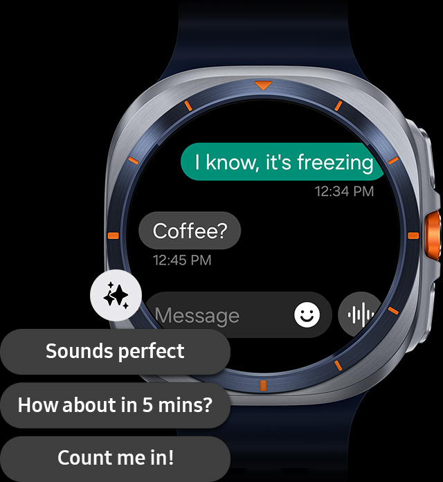 A Galaxy Watch Ultra displaying a message chat with Galaxy AI-generated reply suggestions shown over the device.