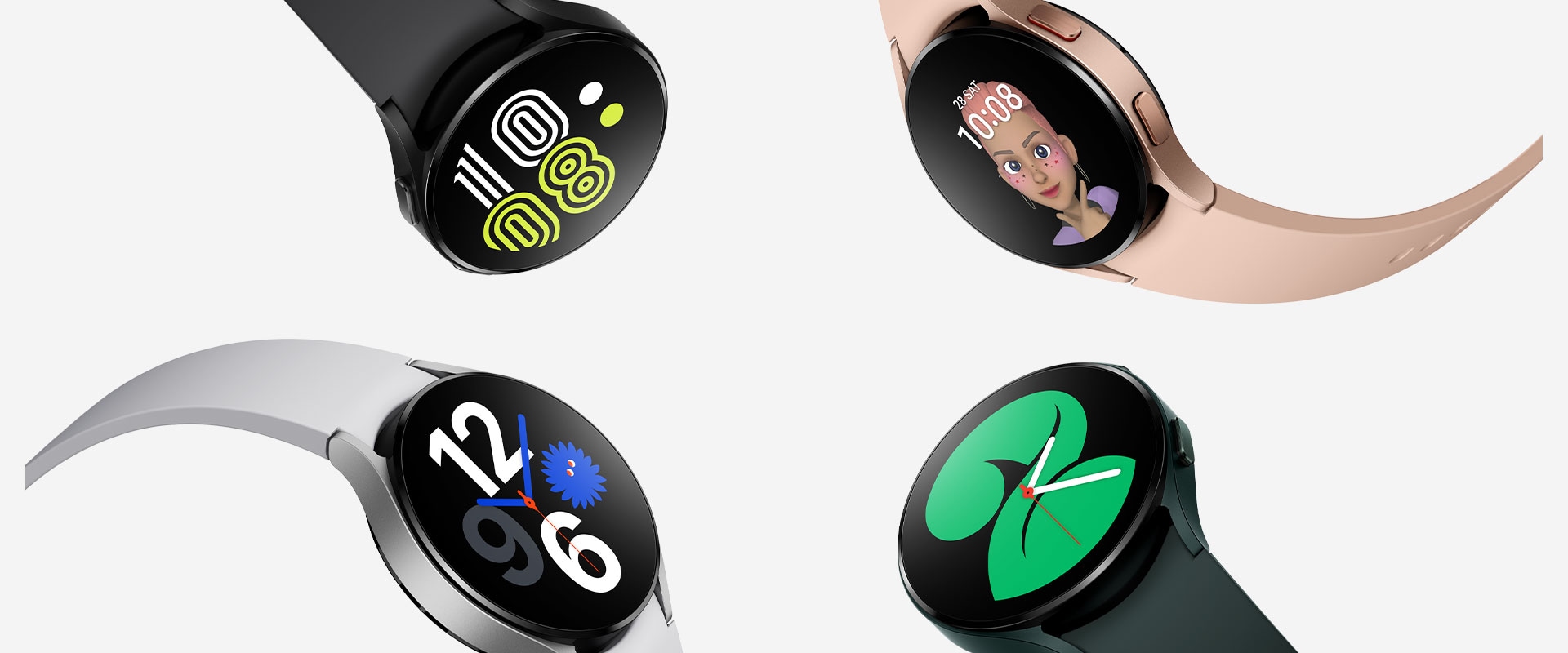 Four Galaxy Watch4 devices are grouped together, with each watch prominently showing different watch face styles to tell the time. Each watch is in a different color, from black, pink gold, green, to silver.