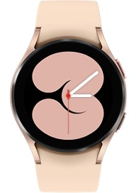 A small Pink Gold Galaxy Watch4 device showing its front watch face that has the time '3:05' displayed.