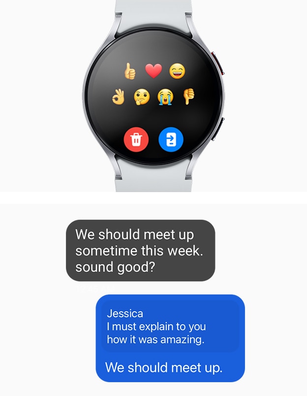 Galaxy Watch6 can be seen, displaying the emoji list on the text screen. Two text messages can also be seen to indicate that text messages can be received and sent on Galaxy Watch6, without taking out your phone.