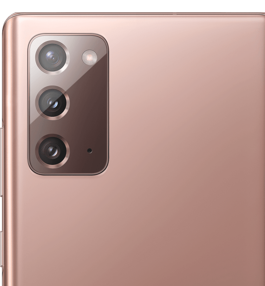 Closeup of the rear camera on Galaxy Note20 in Mystic Bronze.